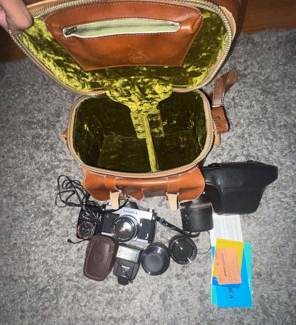 VintageYashica TL Electro X 35mm SLR Camera with Lenses, Flash, and Leather Case